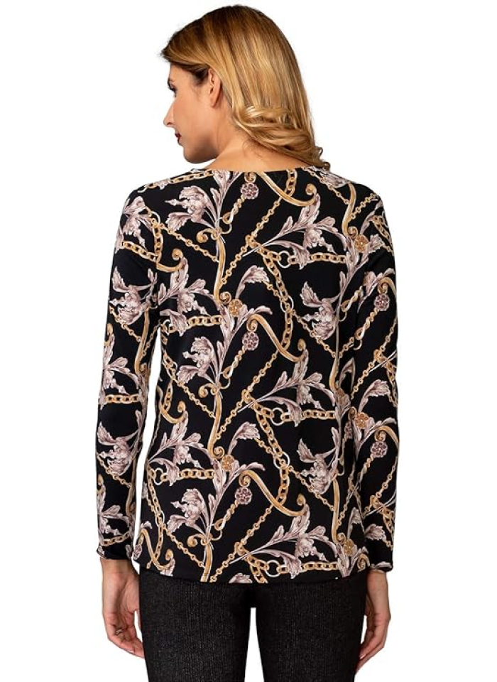 Joseph Ribkoff 194649 Czarna bluzka zdobiona wiktoriańskim wzorem. wzorem