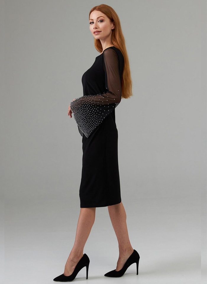 Joseph Ribkoff. Czarna sukienka z efektownym rękawem. 2 kolory