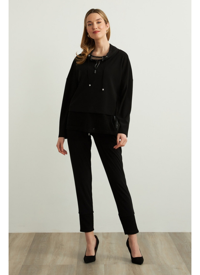 Joseph Ribkoff 213653 Czarne spodnie w sportowym stylu z ozdobną siateczką