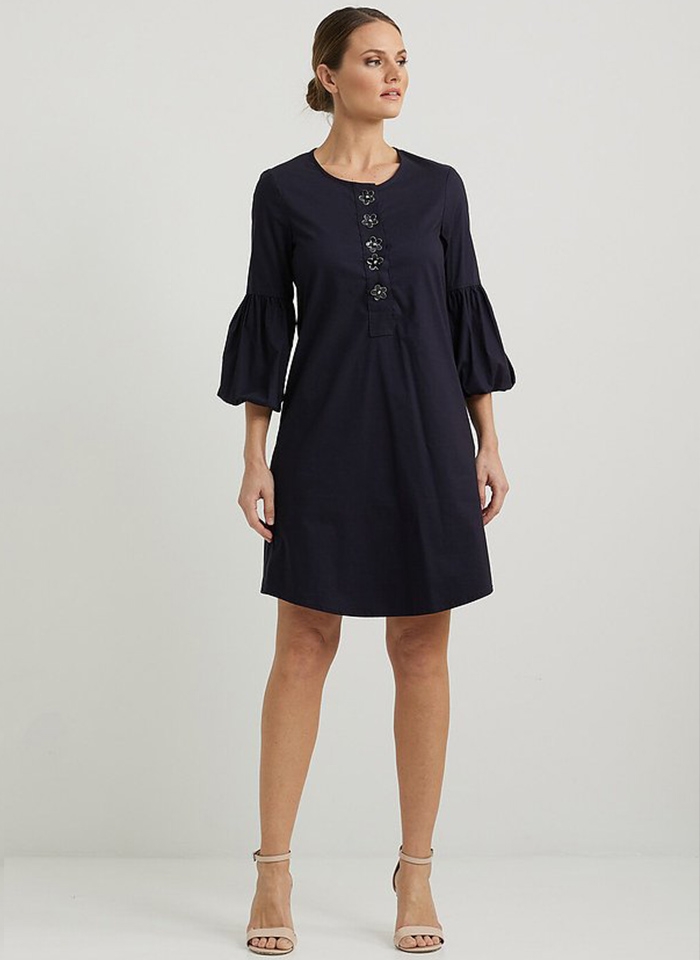 Joseph Ribkoff. Granatowa sukienka z ozdobnymi guzikami.