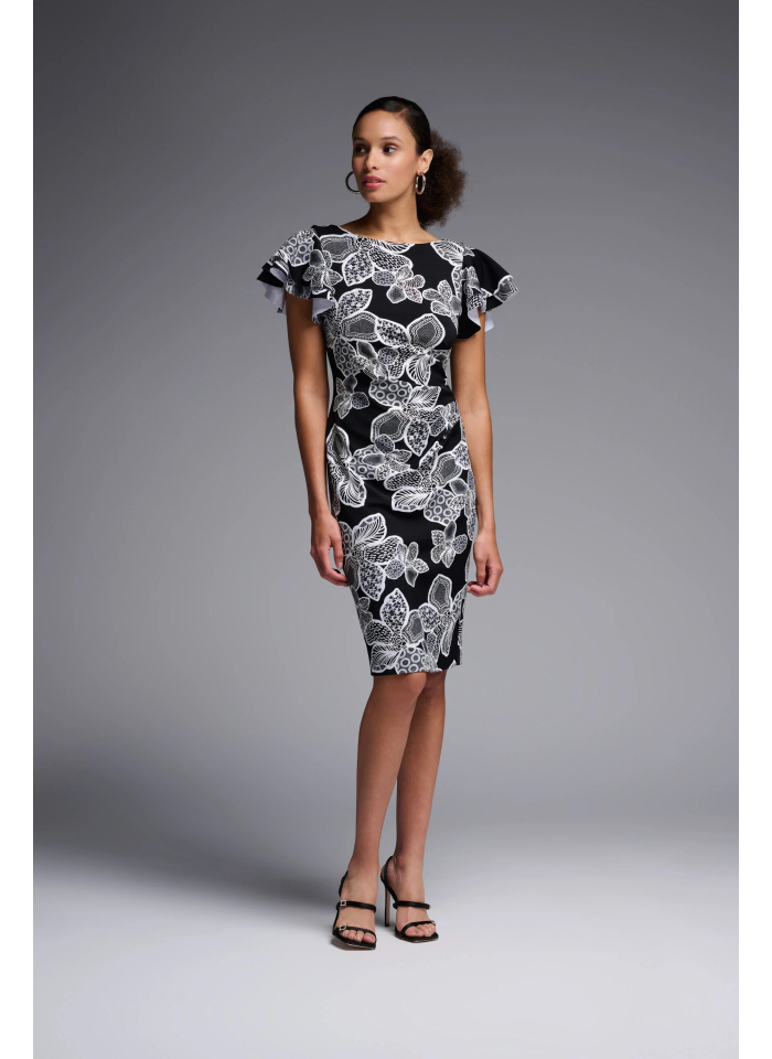 Joseph Ribkoff 231712 Czarna sukienka w biały kwiecisty wzór.