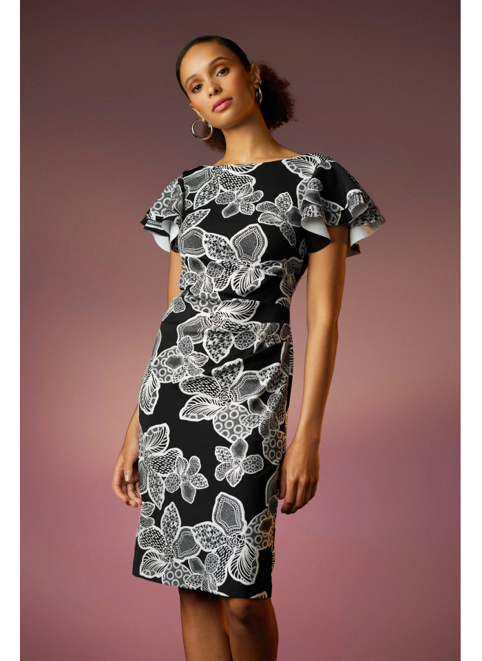 Joseph Ribkoff 231712 Czarna sukienka w biały kwiecisty wzór.