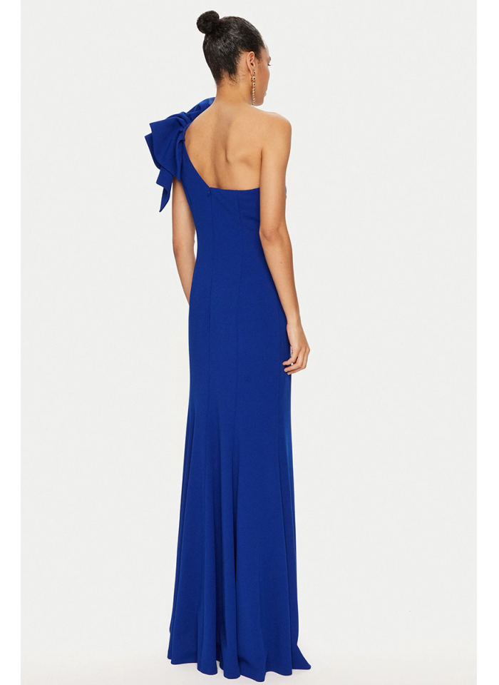 Joseph Ribkoff 243746 Efektowna suknia z falbaną na ramieniu.