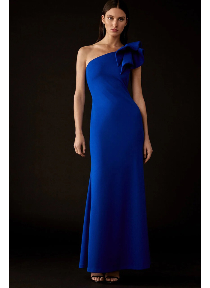 Joseph Ribkoff 243746 Efektowna suknia z falbaną na ramieniu.