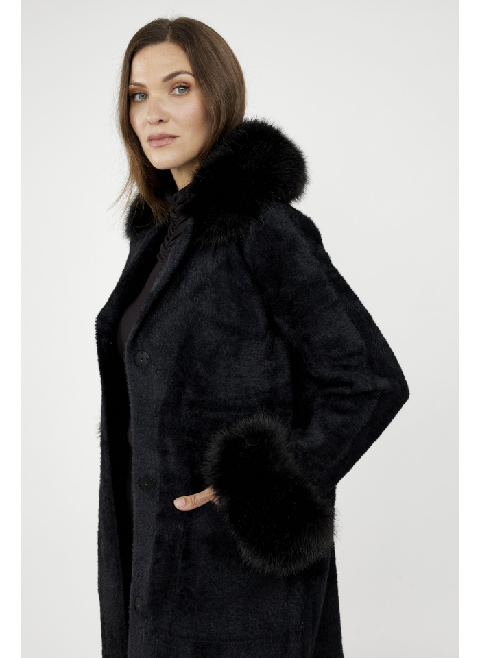 Joseph Ribkoff 243923 Dzianinowy płaszcz z futrzanym wykończeniem 3 kolory fiolet, czarny, beż.