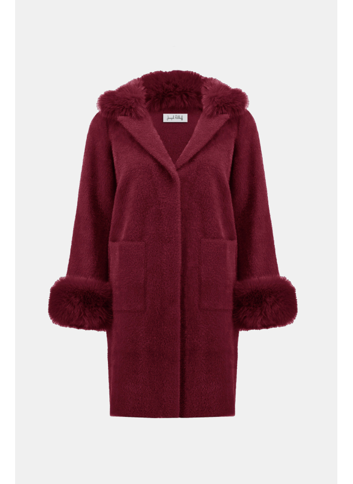 Joseph Ribkoff 243923 Bordowy, dzianinowy płaszcz z futrzanym wykończeniem