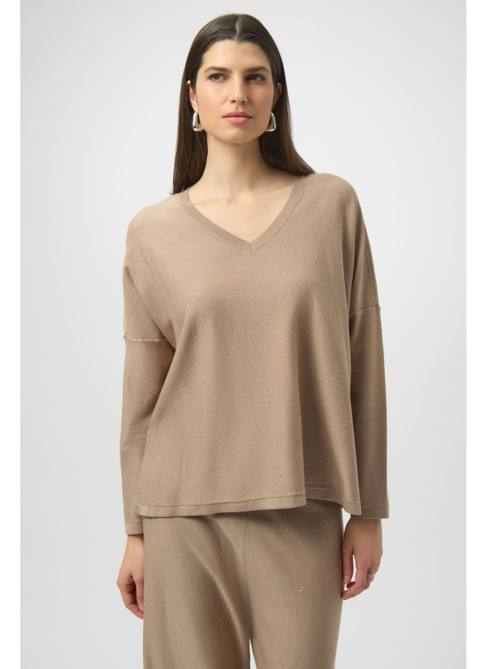 Joseph Ribkoff 244921F25 Elegancki, beżowy sweter zdobiony cekinami