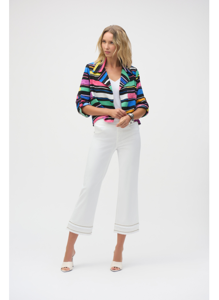 Joseph Ribkoff 252913 Białe spodnie jeans z postrzępioną nogawką zdobioną cekinami