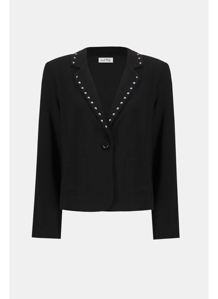 Joseph Ribkoff 253195 elegancki, czarny żakiet ze zdobionymi klapami