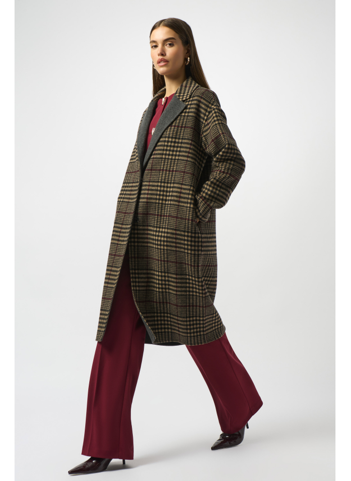 Joseph Ribkoff 253946 Beżowy, wełniany płaszcz w czarno-bordową kratę