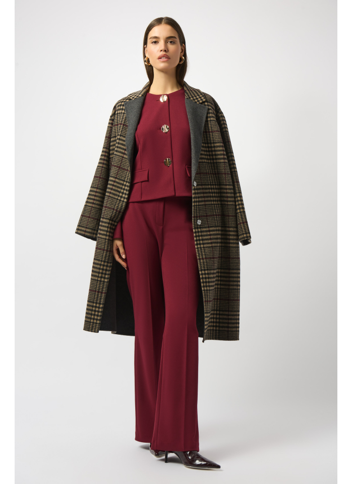 Joseph Ribkoff 253946 Beżowy, wełniany płaszcz w czarno-bordową kratę