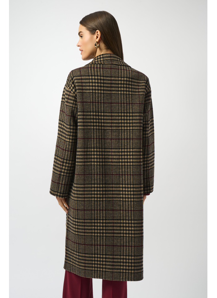 Joseph Ribkoff 253946 Beżowy, wełniany płaszcz w czarno-bordową kratę