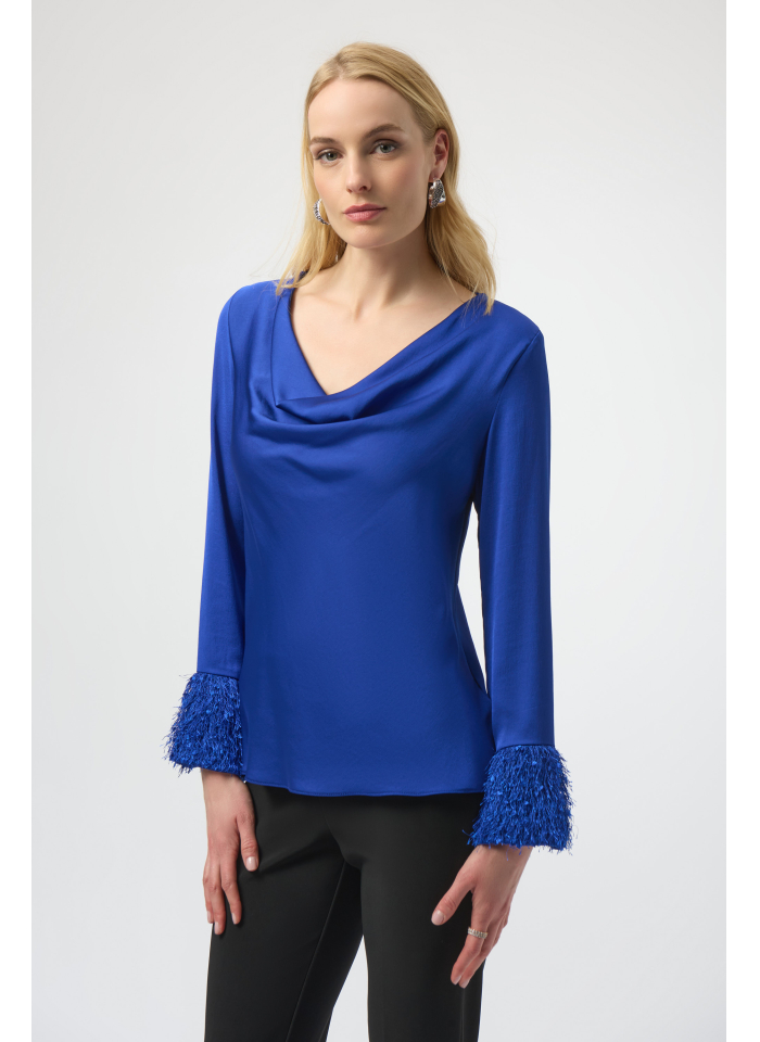 Joseph Ribkoff 254020 elegancka bluzka z rękawem zdobionym frędzelkami