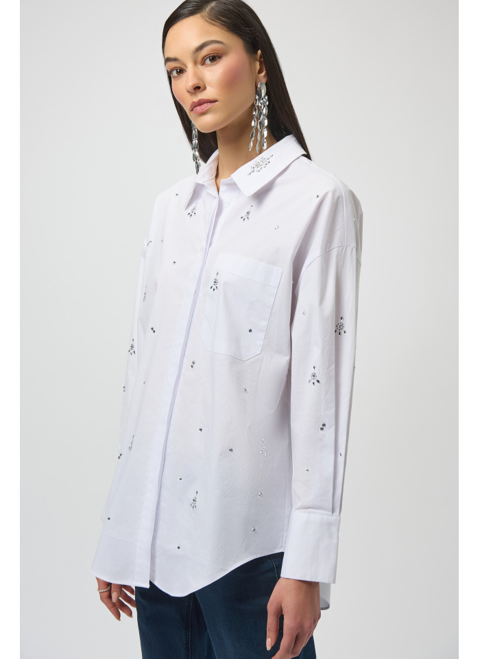 Joseph Ribkoff 254924 Biała, stylowa koszula zdobiona kryształkami
