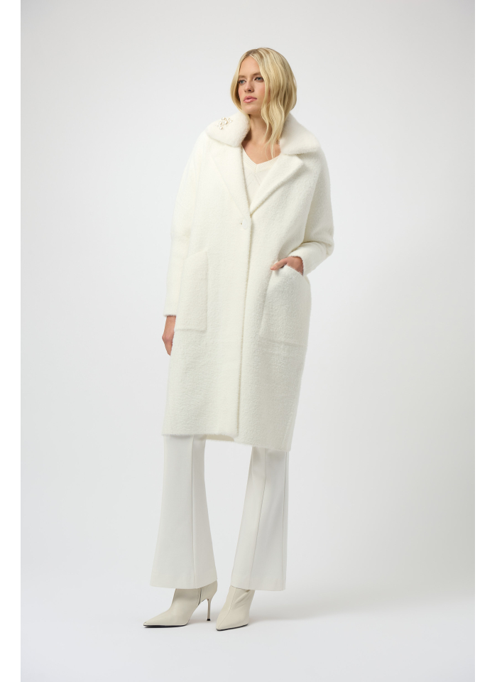 Joseph Ribkoff 254954 Stylowy, biały płaszcz z kołnierzem zdobionym perełkami