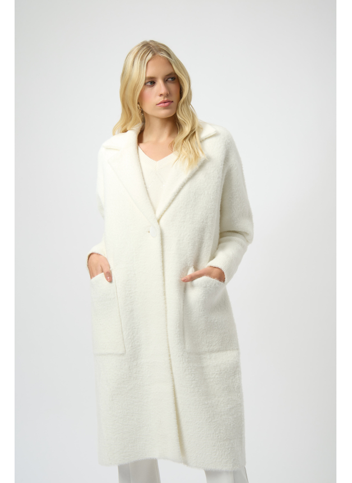 Joseph Ribkoff 254954 Stylowy, biały płaszcz z kołnierzem zdobionym perełkami