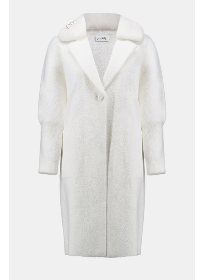 Joseph Ribkoff 254954 Stylowy, biały płaszcz z kołnierzem zdobionym perełkami