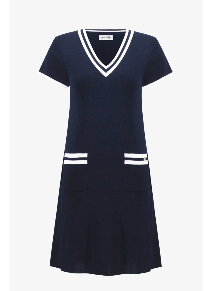 Joseph Ribkoff 261648 Dzianinowa sukienka w granatowym kolorze.