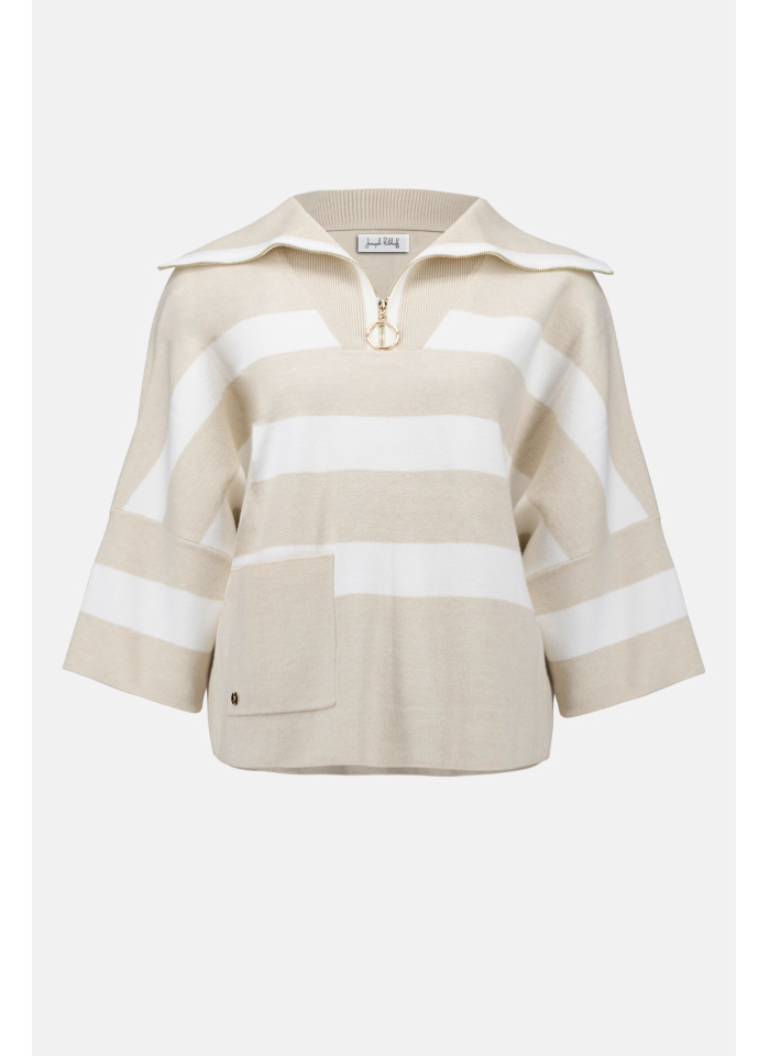 Joseph Ribkoff 261983 Beżowy, pudełkowy sweter w białe pasy