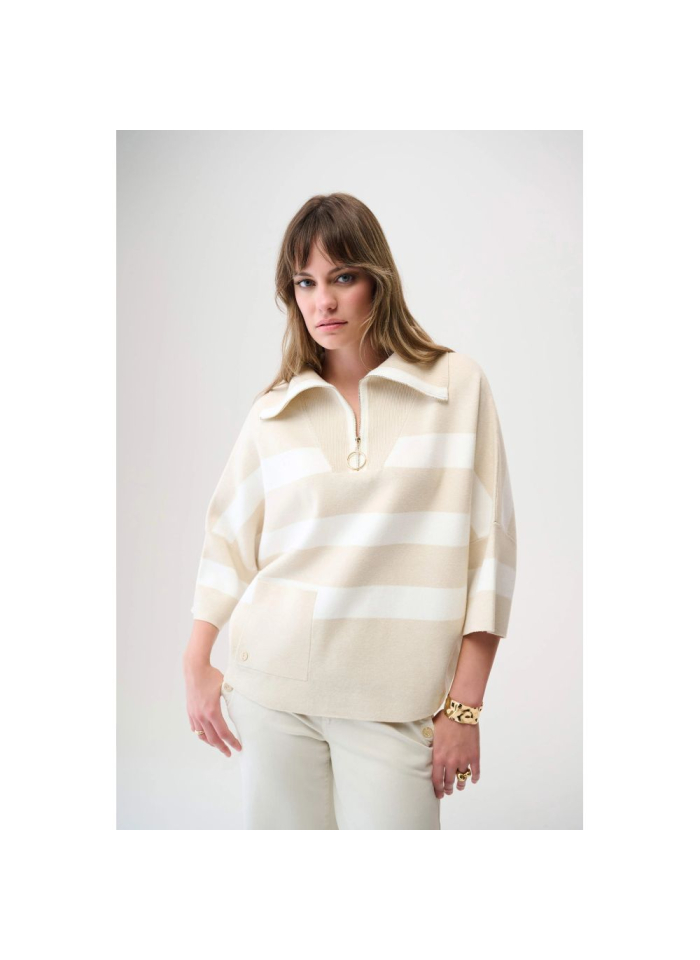 Joseph Ribkoff 261983 Beżowy, pudełkowy sweter w białe pasy