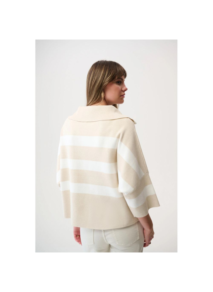 Joseph Ribkoff 261983 Beżowy, pudełkowy sweter w białe pasy