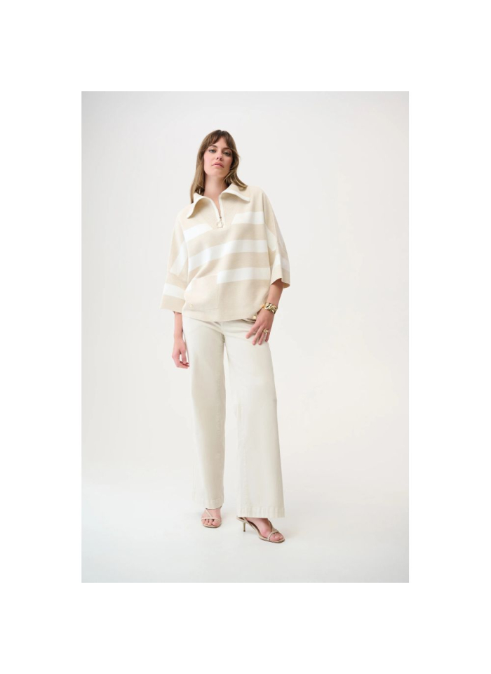 Joseph Ribkoff 261983 Beżowy, pudełkowy sweter w białe pasy