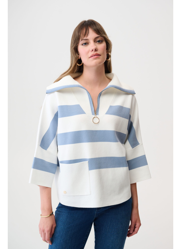 Joseph Ribkoff 261983 Niebieski, pudełkowy sweter w białe pasy
