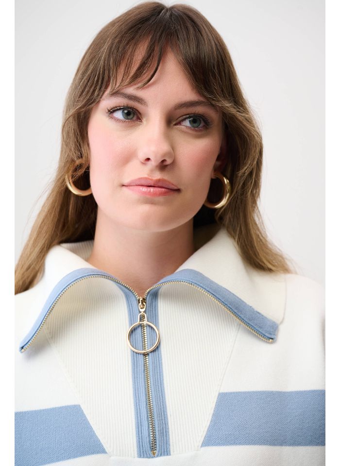 Joseph Ribkoff 261983 Niebieski, pudełkowy sweter w białe pasy