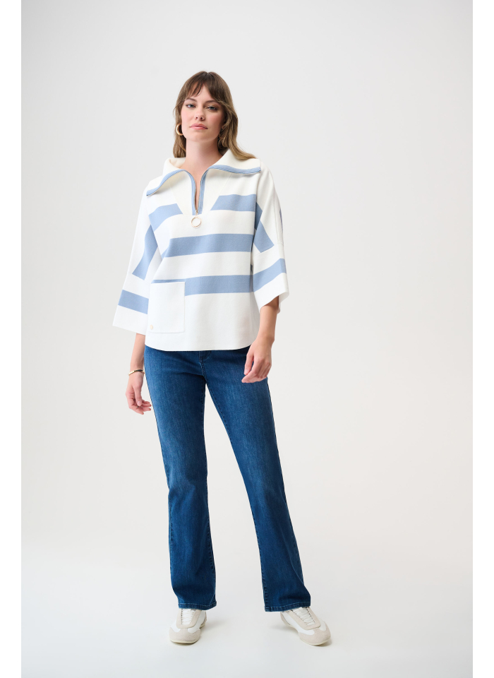 Joseph Ribkoff 261983 Niebieski, pudełkowy sweter w białe pasy