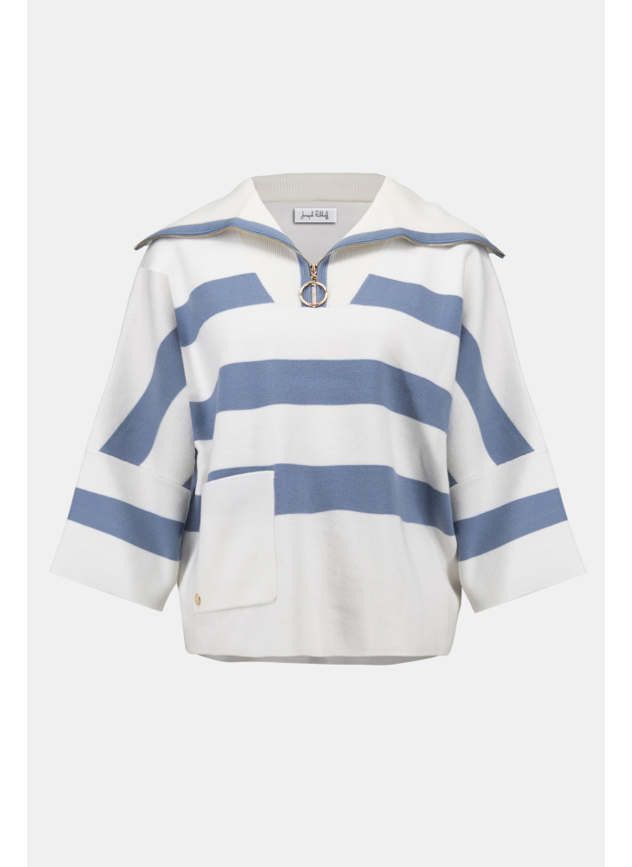 Joseph Ribkoff 261983 Niebieski, pudełkowy sweter w białe pasy
