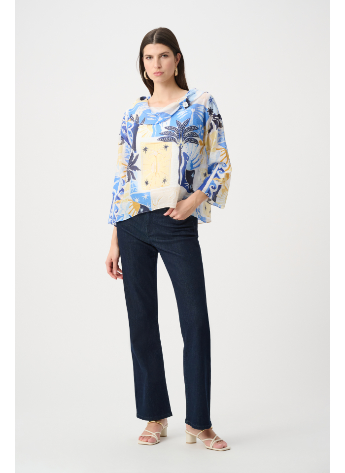 Joseph Ribkoff 262151 Kolorowa bluzka z efektownym kołnierzem.