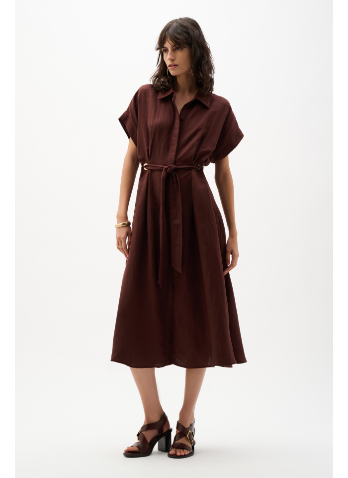 Joseph Ribkoff 262907 Lniana, czekoladowa sukienka wiązana w pasie