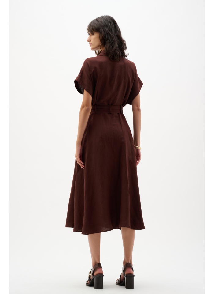 Joseph Ribkoff 262907 Lniana, czekoladowa sukienka wiązana w pasie