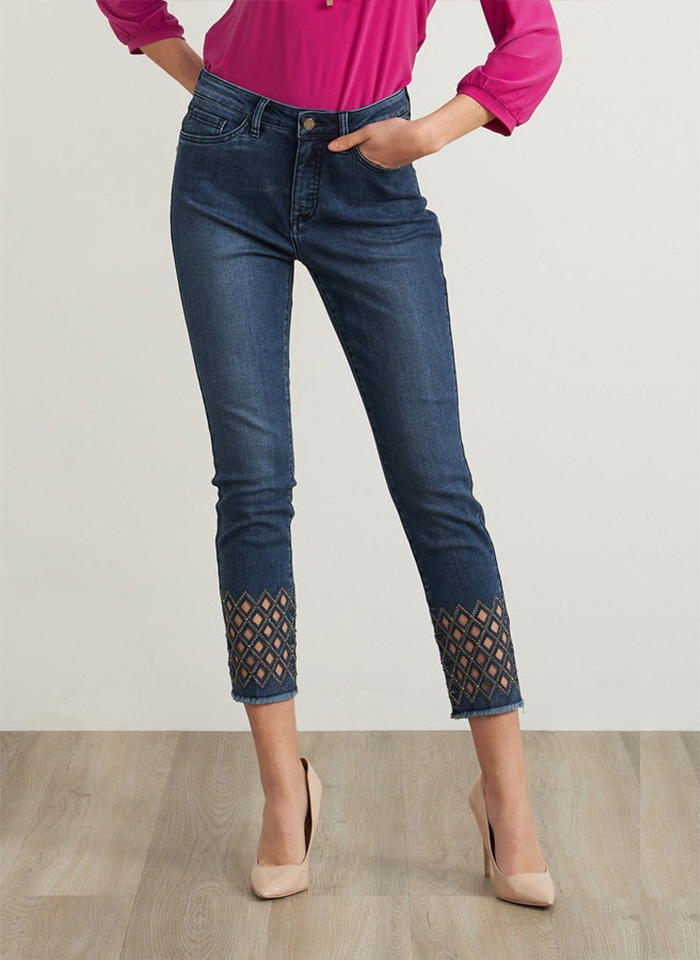 Joseph Ribkoff, Dżinsowe spodnie typu slim z ozdobnymi nogawkami.