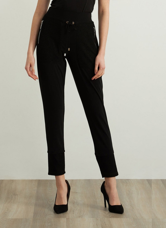 Joseph Ribkoff 213653 Czarne spodnie w sportowym stylu z ozdobną siateczką