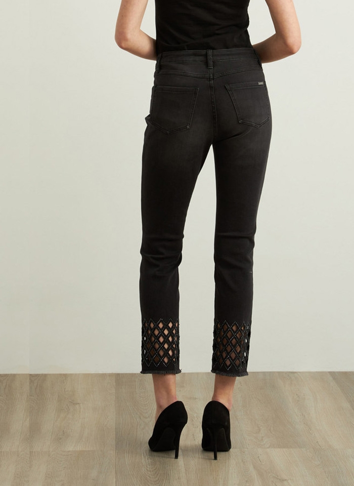 Joseph Ribkoff, Dżinsowe spodnie z ażurowym wykończeniem nogawki.