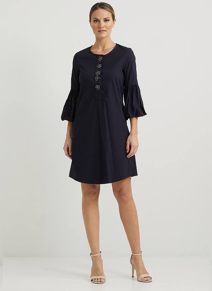 Joseph Ribkoff. Granatowa sukienka z ozdobnymi guzikami.