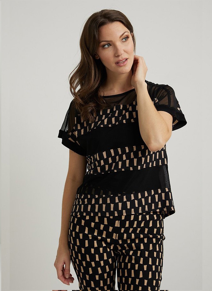 Joseph Ribkoff .Czarna bluzka - siateczka z beżowym printem.