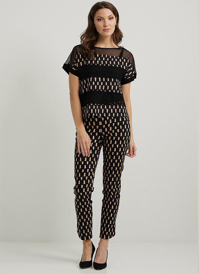 Joseph Ribkoff .Czarna bluzka - siateczka z beżowym printem.