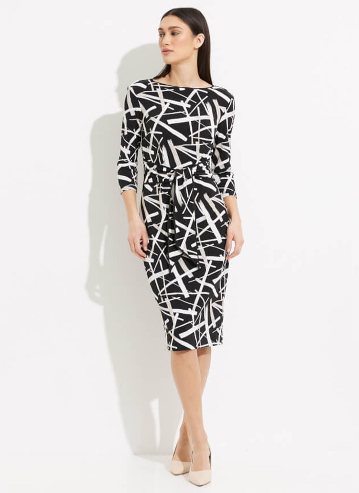 Joseph Ribkoff. Czarna sukienka z białym strukturalnym printem