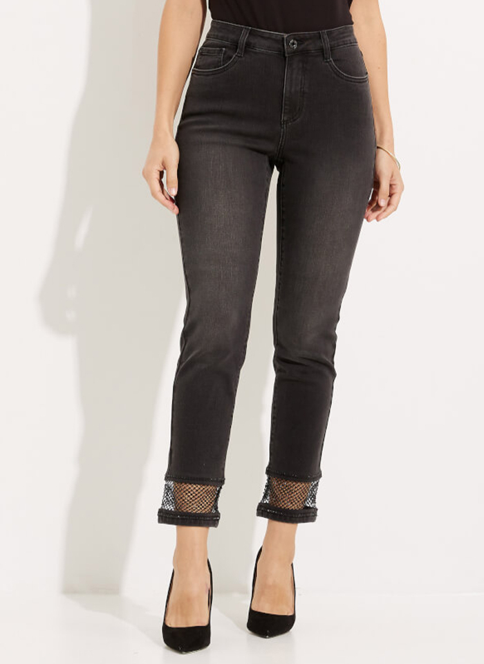 Joseph Ribkoff. Grafitowe jeansy z ozdobną siateczką.
