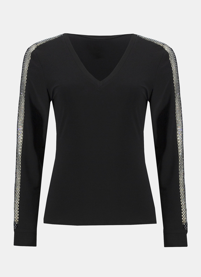 Joseph Ribkoff, Czarna bluzka z ozdobnym panelem na rękawie.