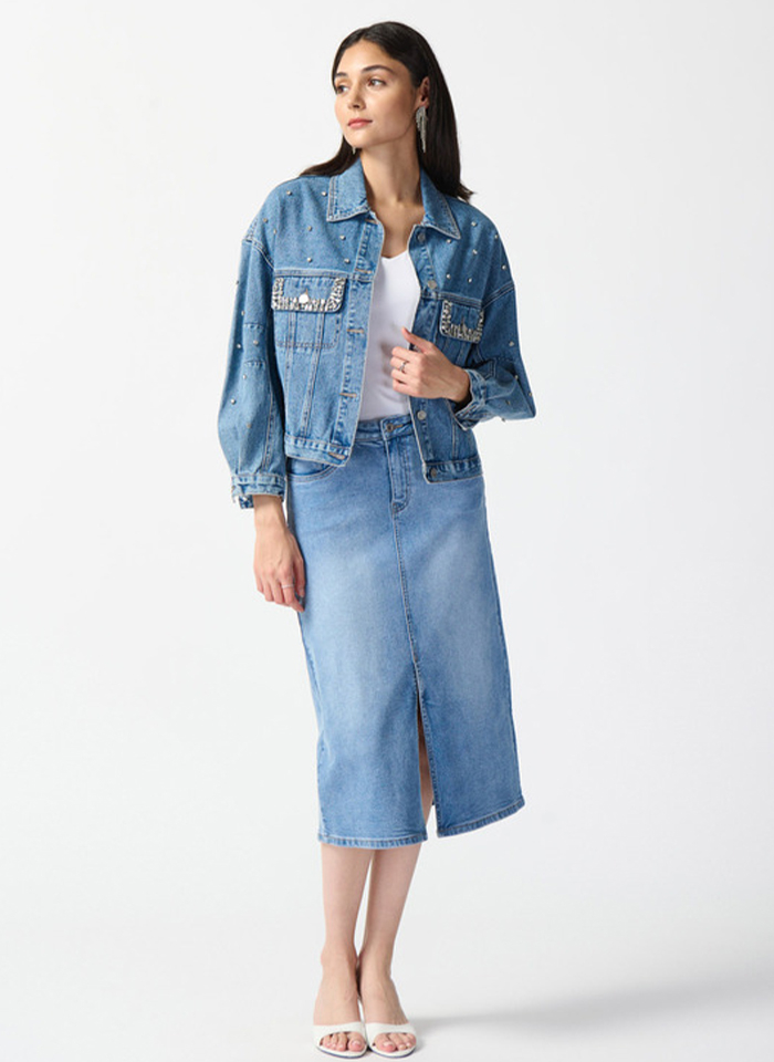 Joseph Ribkoff. Jeansowa katana zdobiona kamykami.