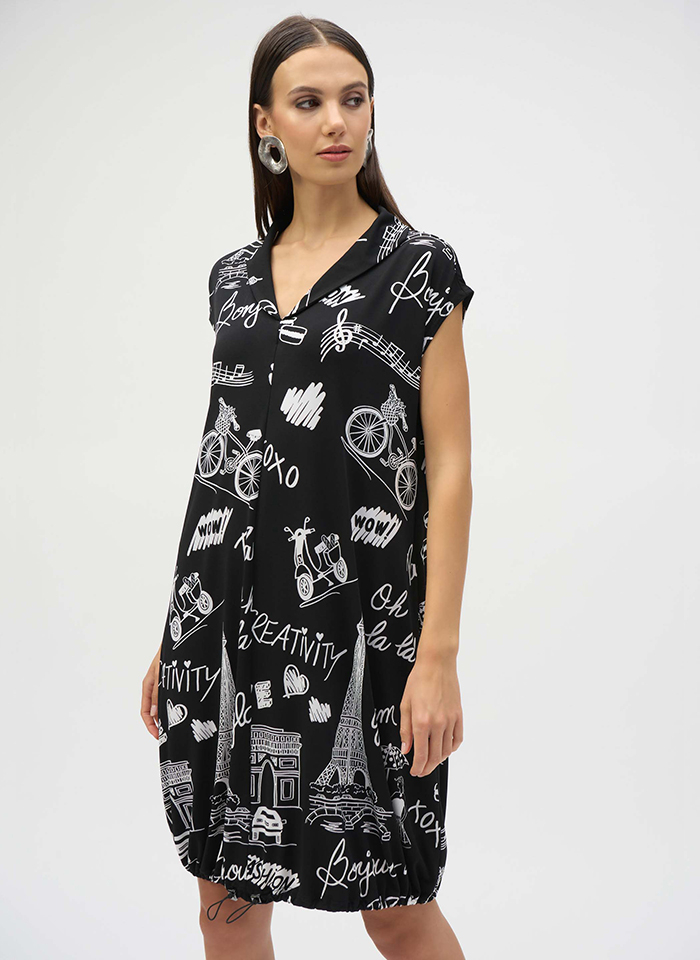 Joseph Ribkoff 252025 Sukienka bombka bez rękawów z motywem paryskim