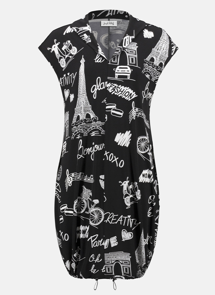 Joseph Ribkoff 252025 Sukienka bombka bez rękawów z motywem paryskim