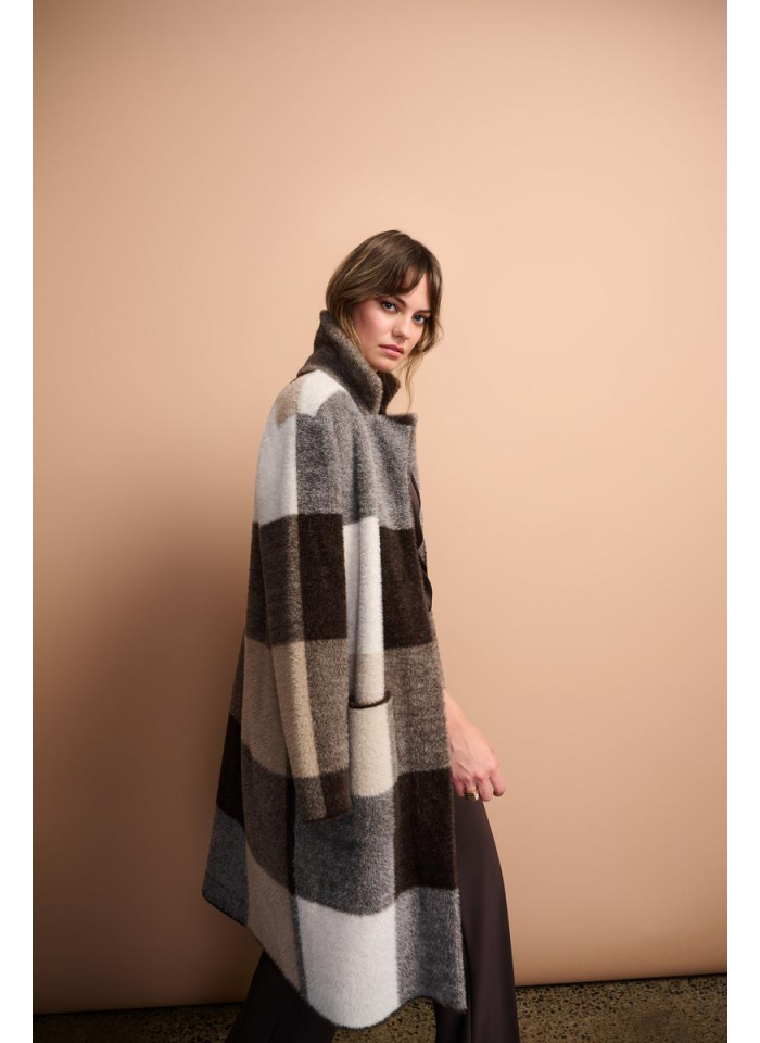 Joseph Ribkoff 254975 Stylowy płaszcz w kratę w odcieniach brązu, beżu i bieli