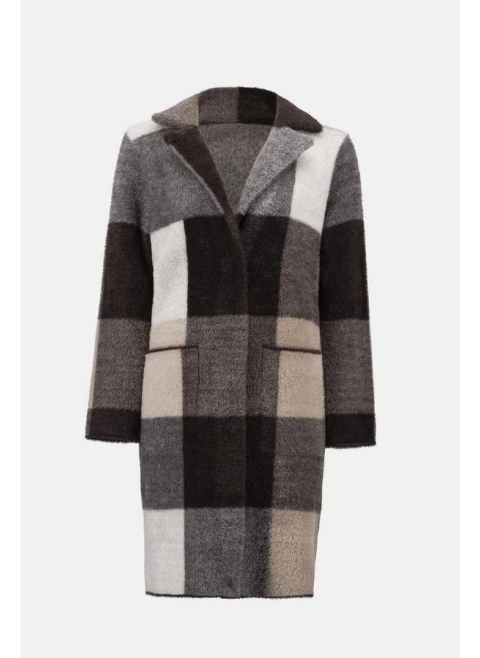 Joseph Ribkoff 254975 Stylowy płaszcz w kratę w odcieniach brązu, beżu i bieli