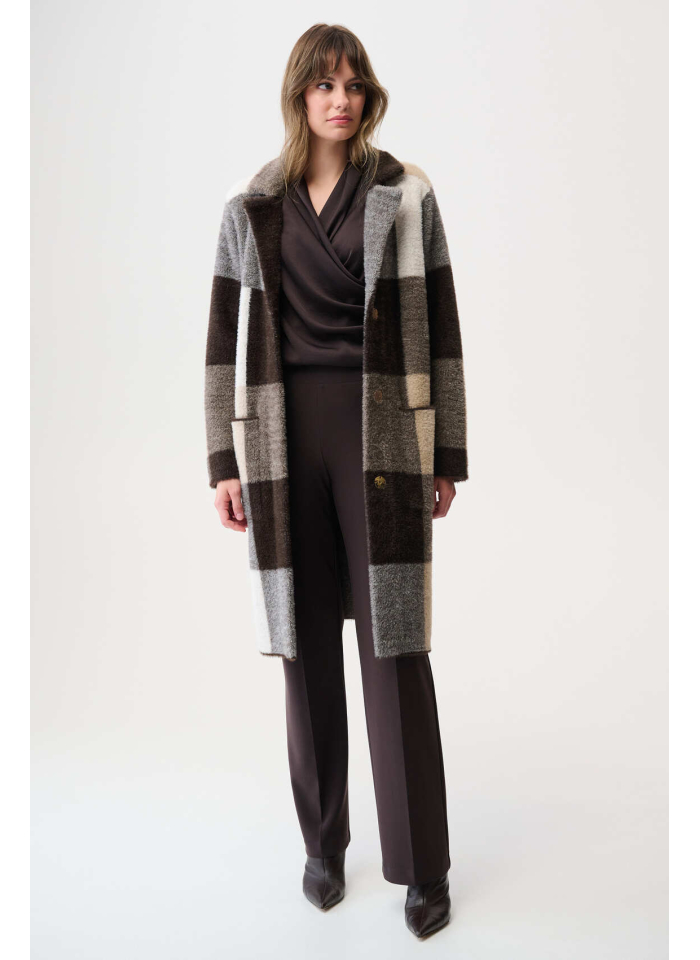 Joseph Ribkoff 254975 Stylowy płaszcz w kratę w odcieniach brązu, beżu i bieli