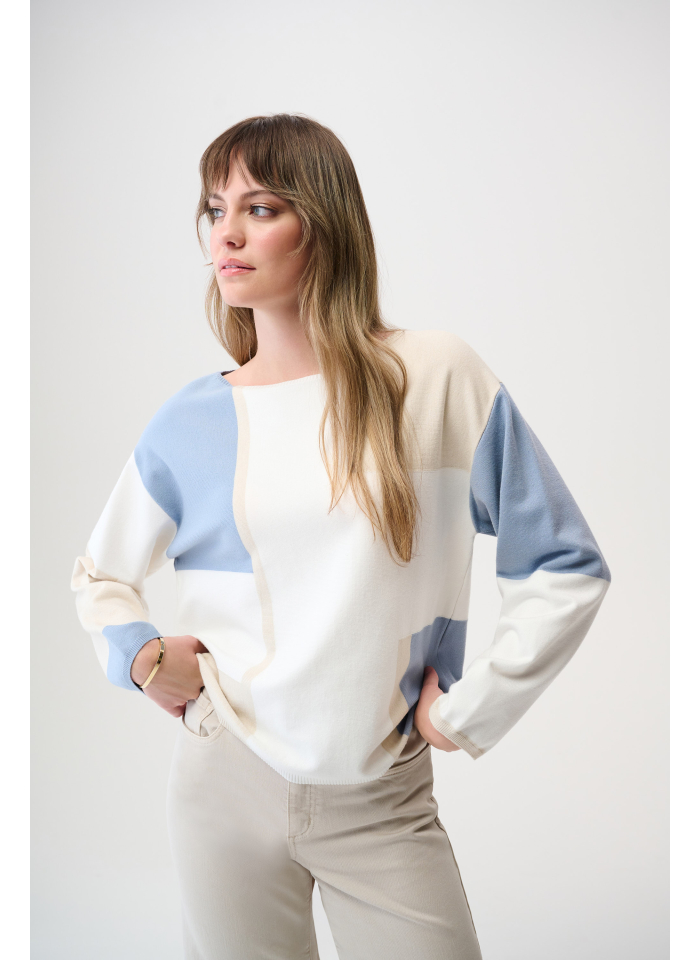 Joseph Ribkoff 261998 Pudełkowy sweter w błękitno-beżowe wzory