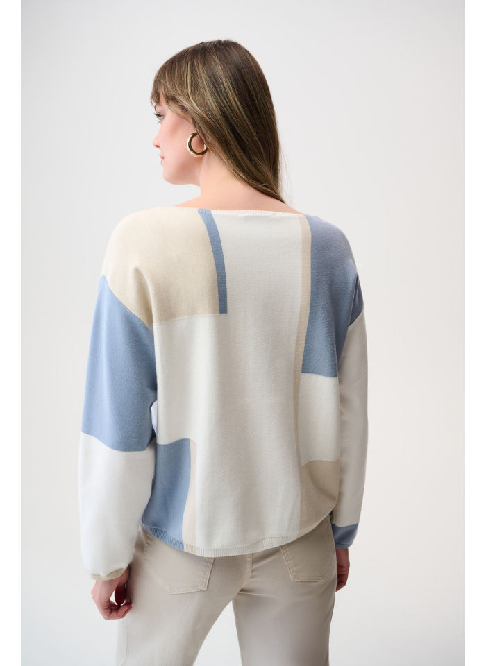 Joseph Ribkoff 261998 Pudełkowy sweter w błękitno-beżowe wzory